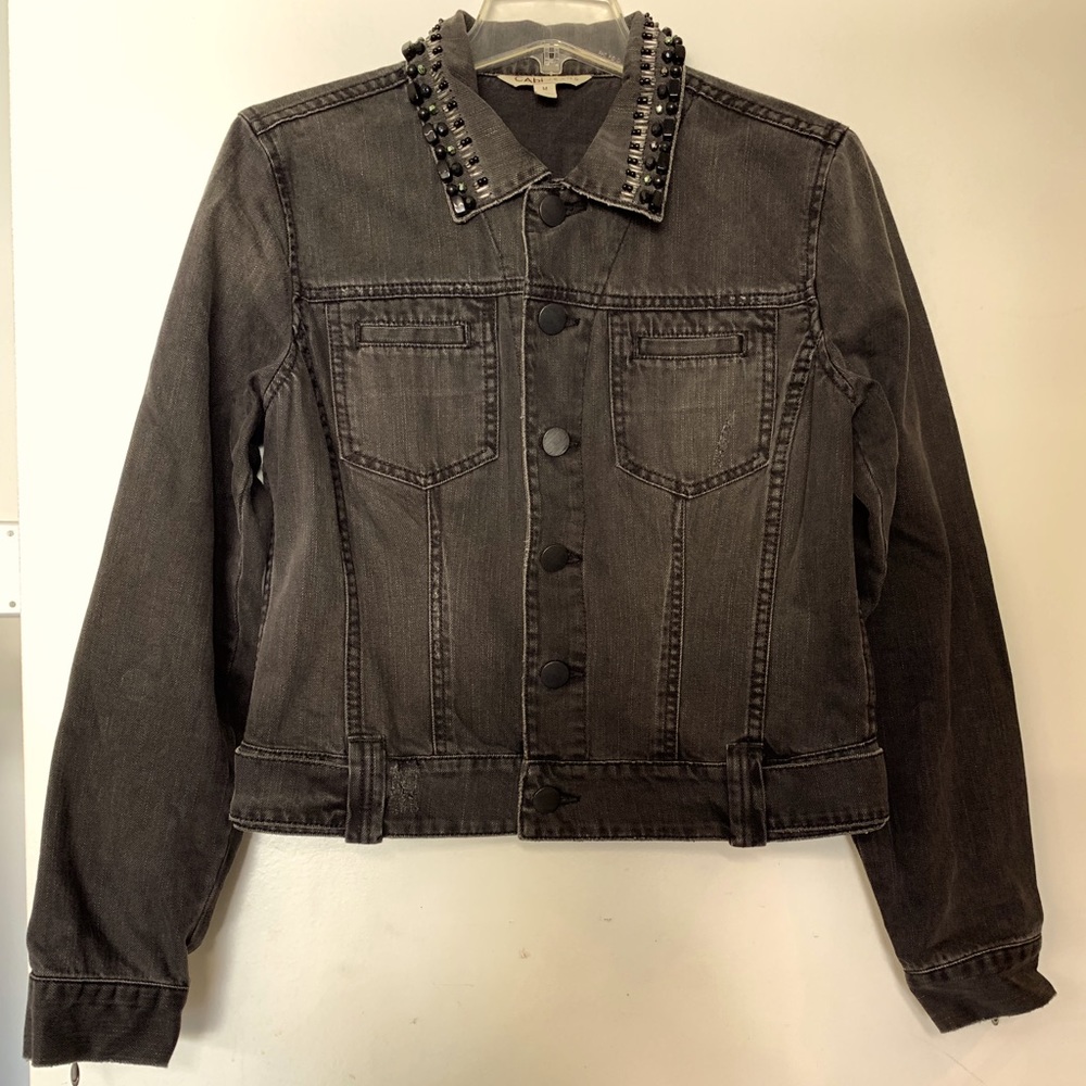 CAbi Vintage Black Beaded & Faded Distressed Jean Jacket, size M